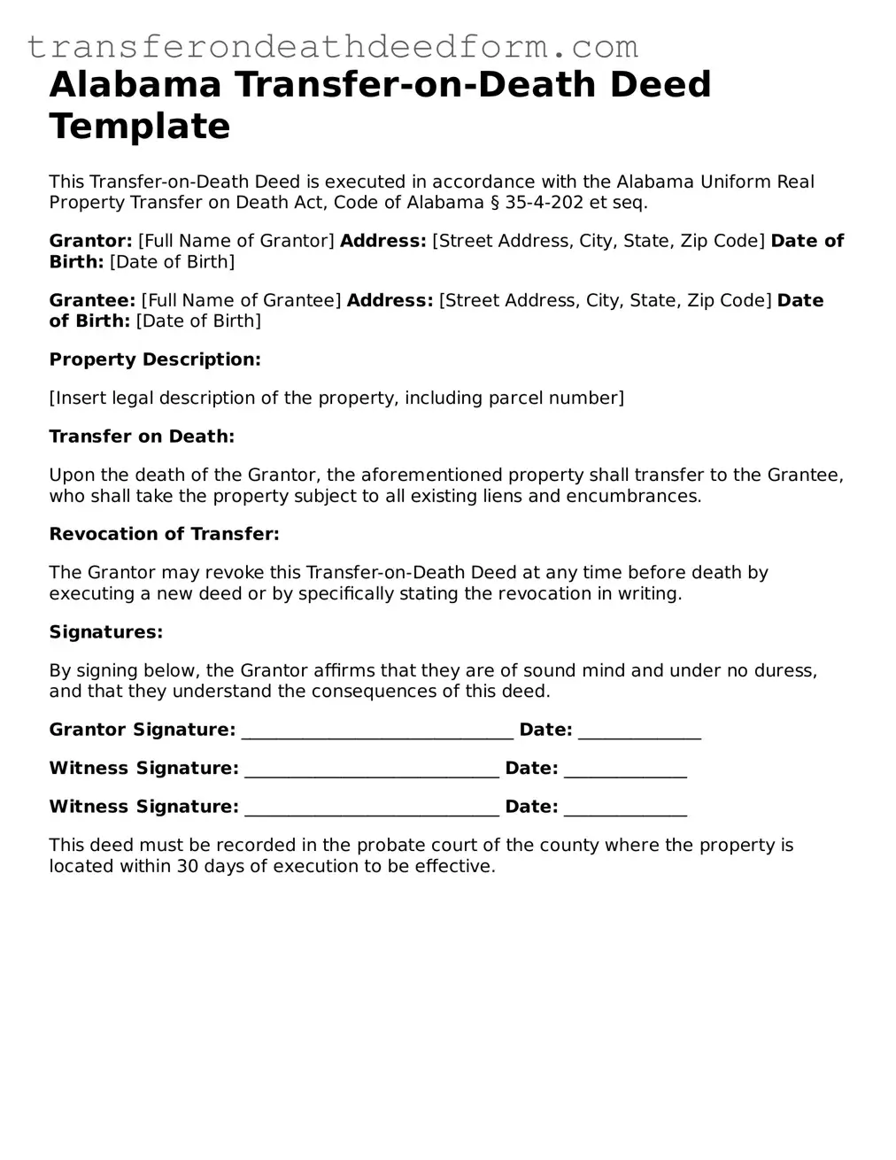  Transfer-on-Death Deed Form for Alabama