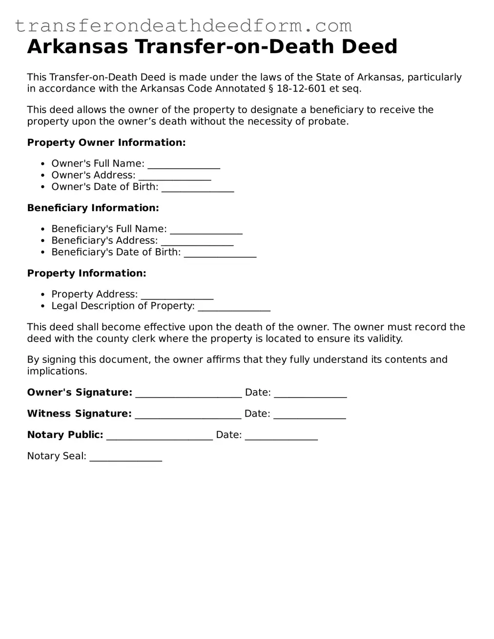  Transfer-on-Death Deed Form for Arkansas