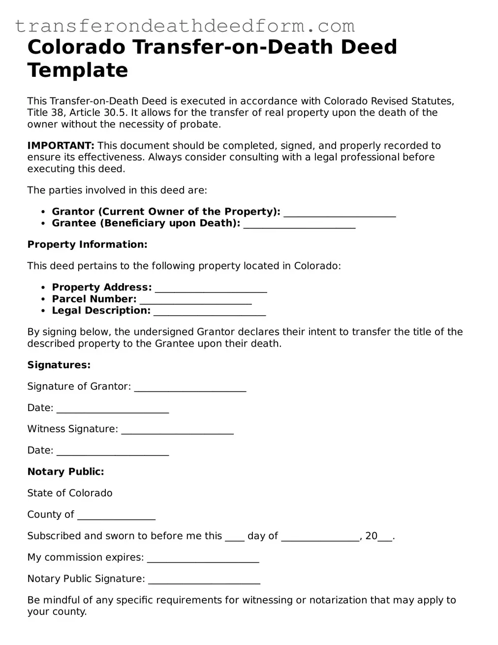  Transfer-on-Death Deed Form for Colorado