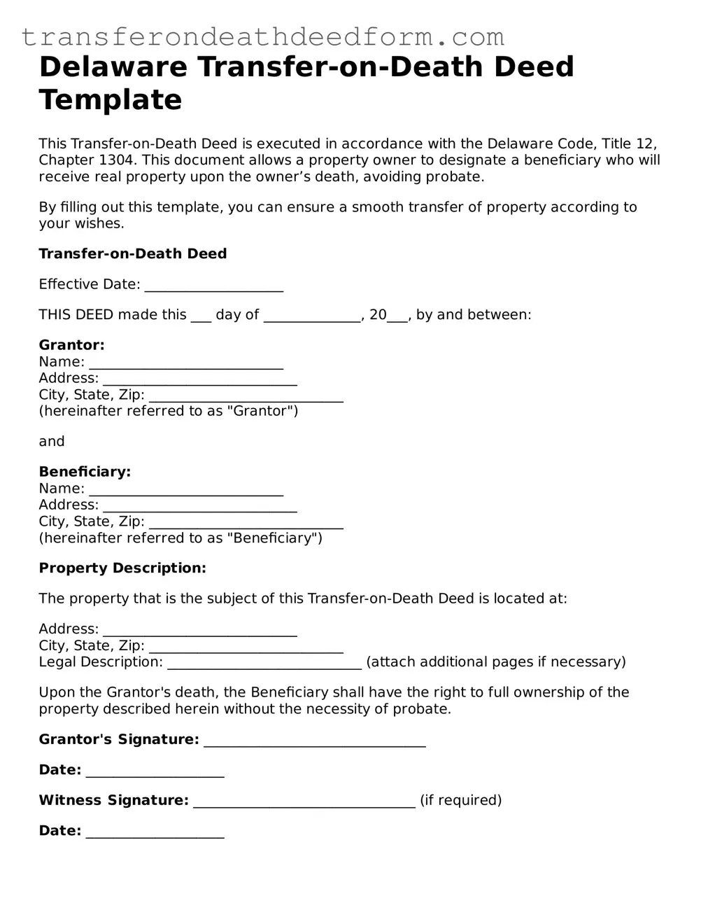  Transfer-on-Death Deed Form for Delaware