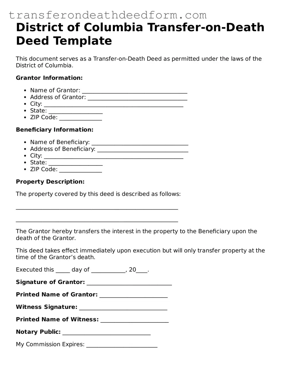  Transfer-on-Death Deed Form for District of Columbia