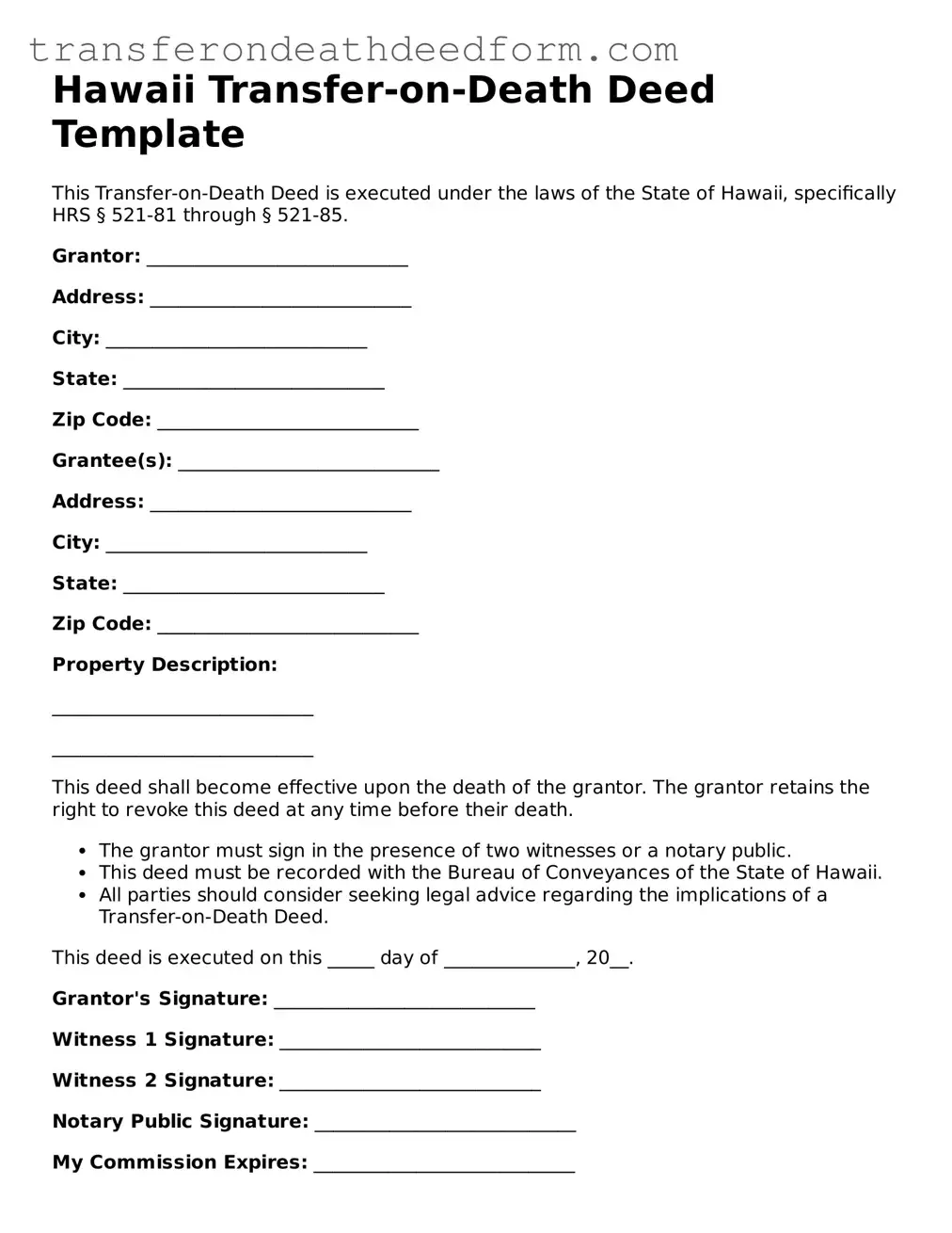  Transfer-on-Death Deed Form for Hawaii