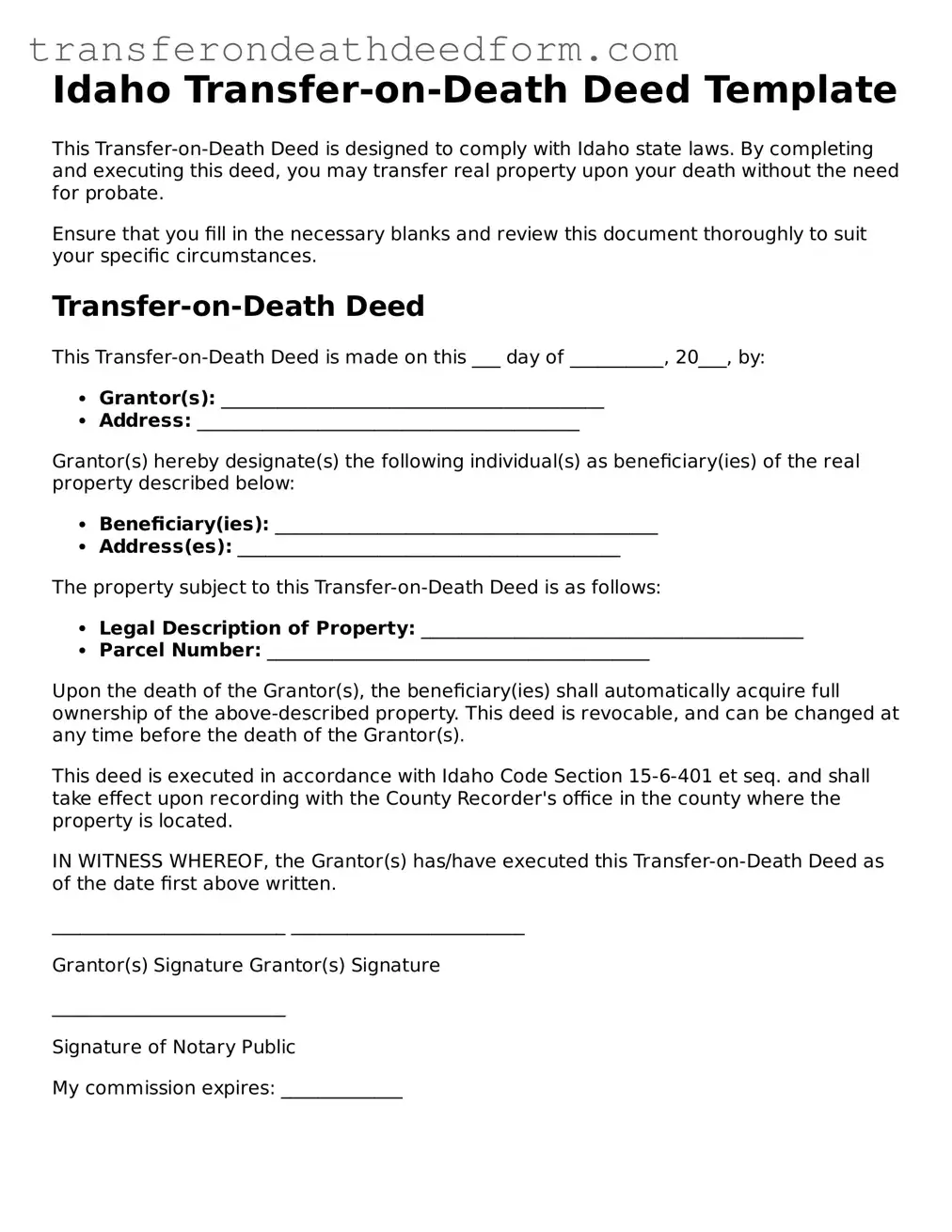  Transfer-on-Death Deed Form for Idaho