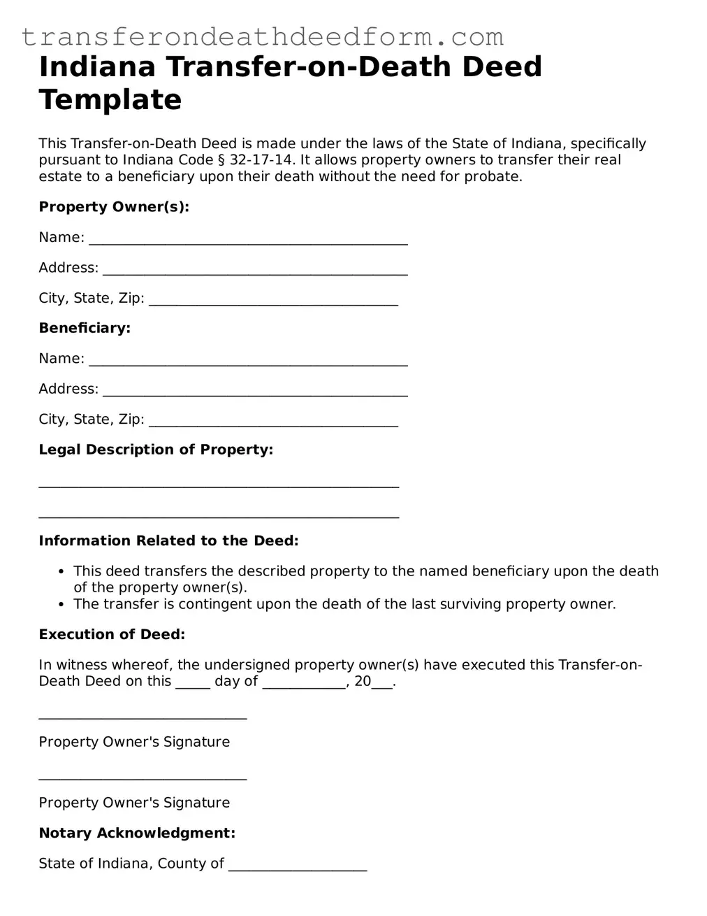 Transfer-on-Death Deed Form for Indiana