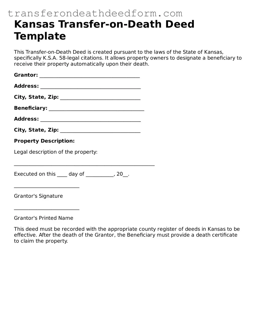 Transfer-on-Death Deed Form for Kansas