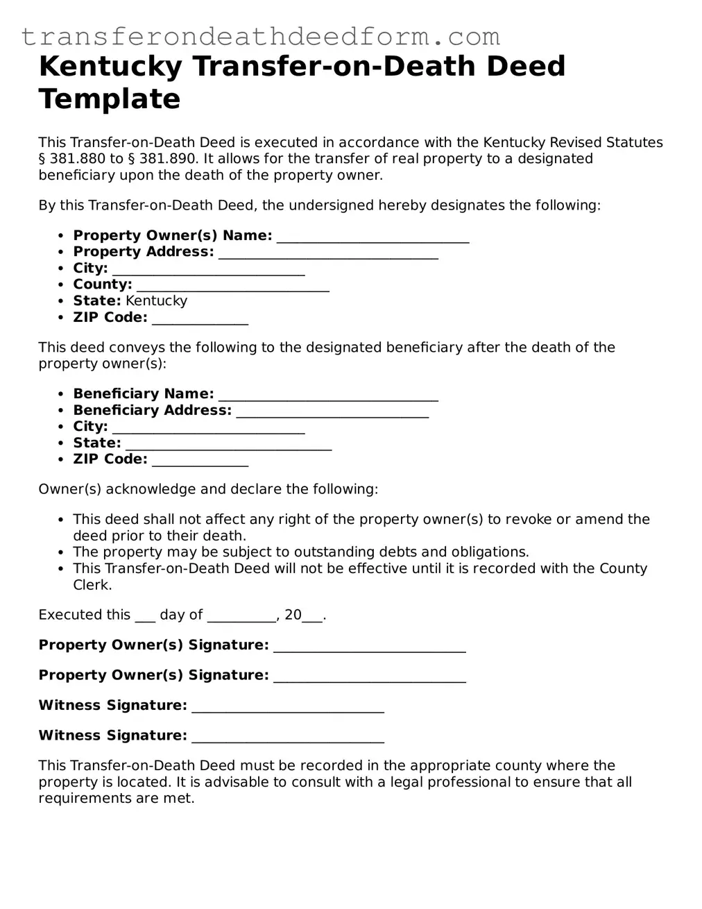  Transfer-on-Death Deed Form for Kentucky