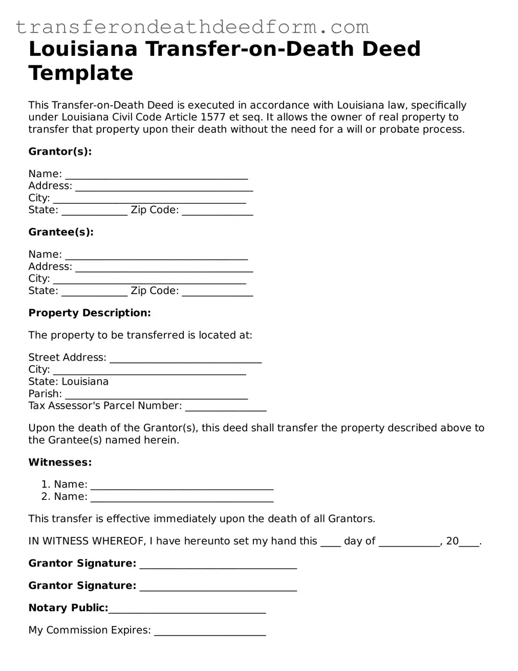  Transfer-on-Death Deed Form for Louisiana