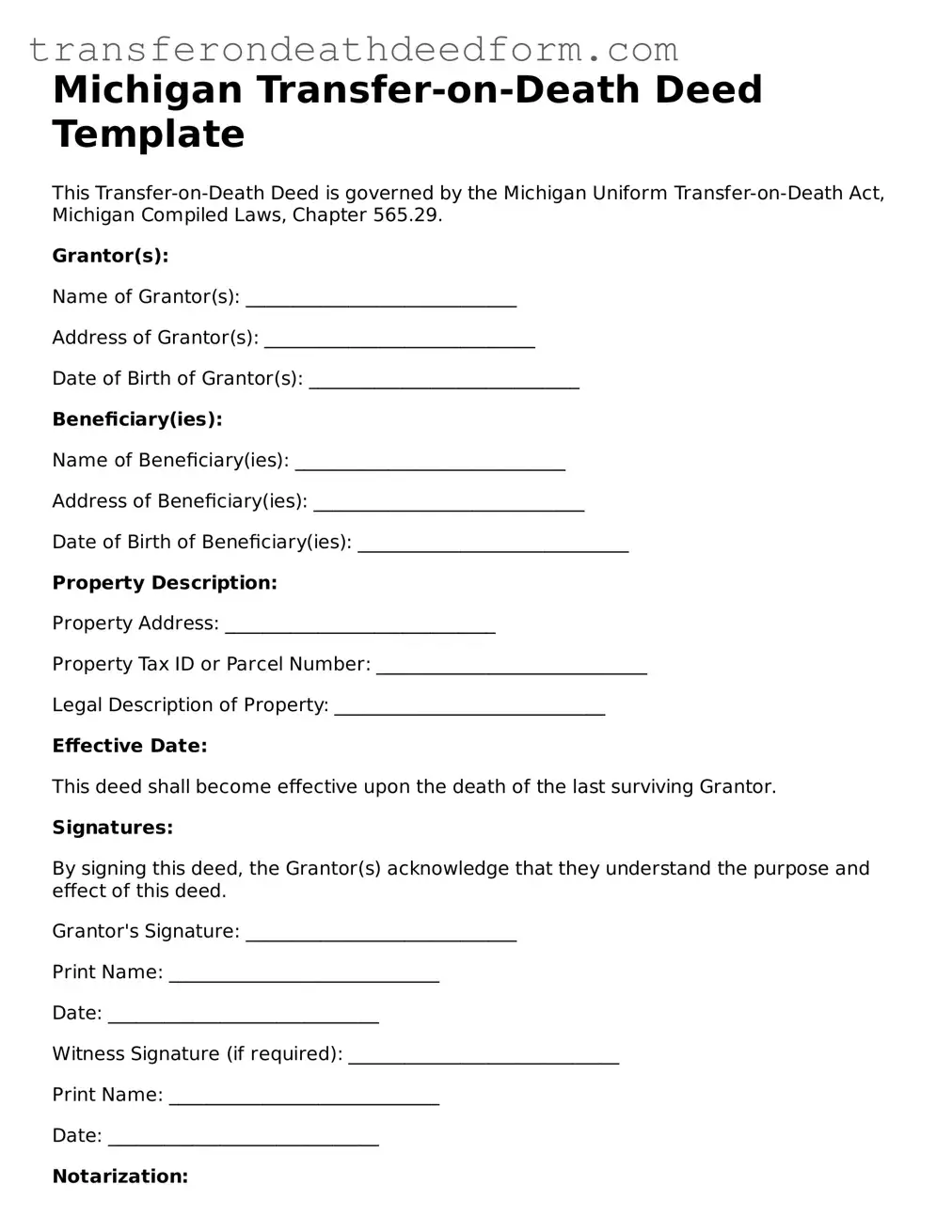  Transfer-on-Death Deed Form for Michigan