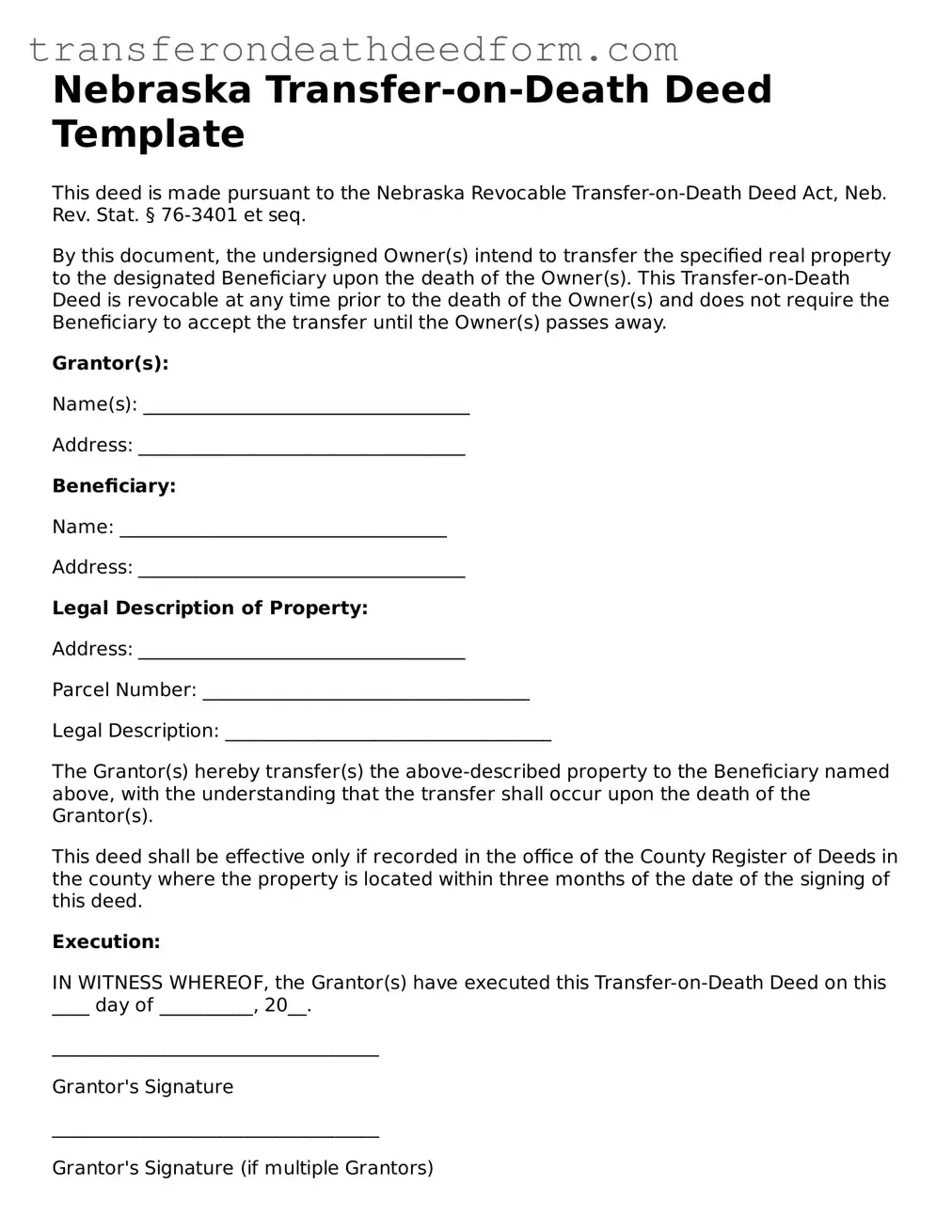  Transfer-on-Death Deed Form for Nebraska