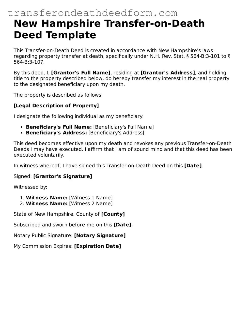  Transfer-on-Death Deed Form for New Hampshire