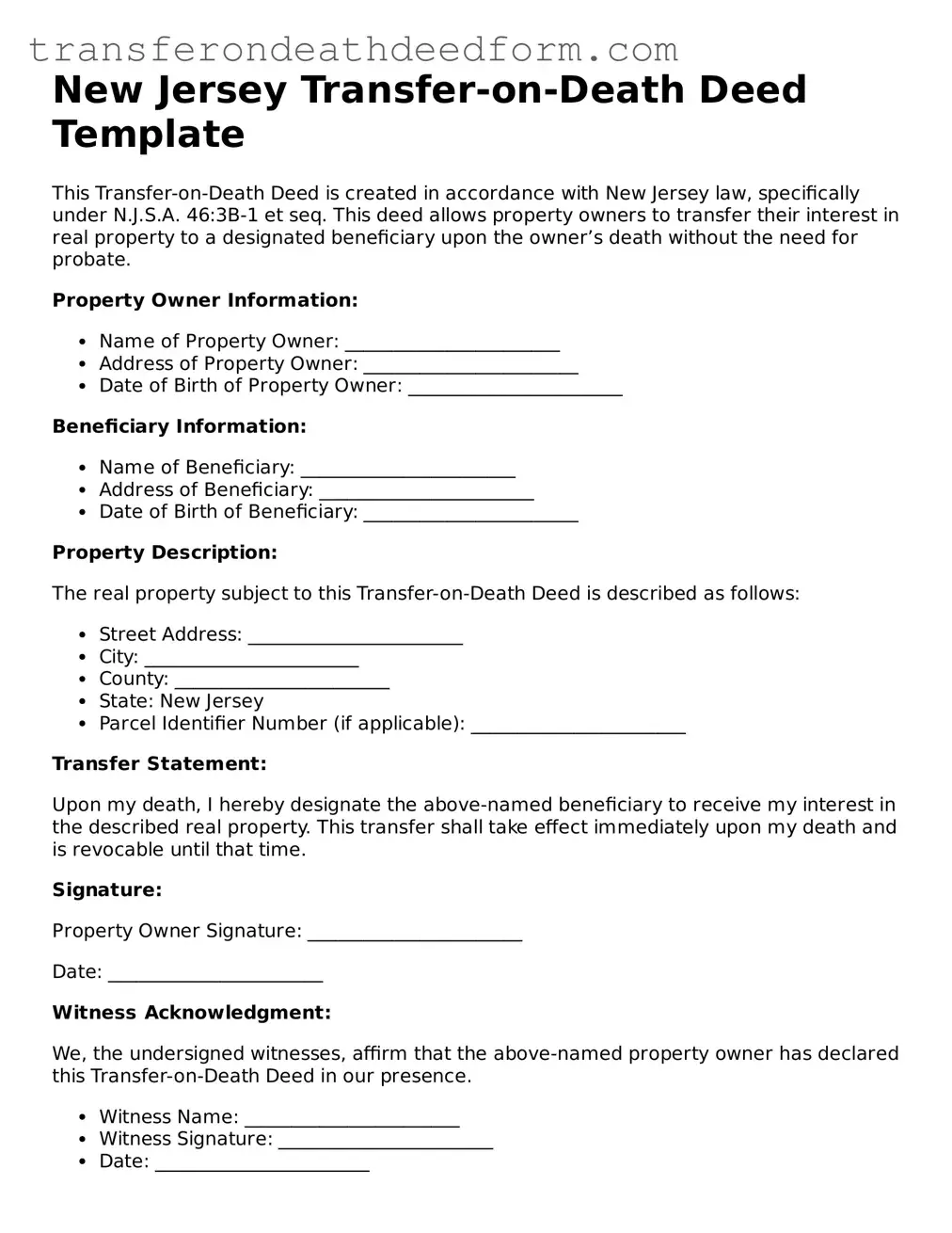  Transfer-on-Death Deed Form for New Jersey
