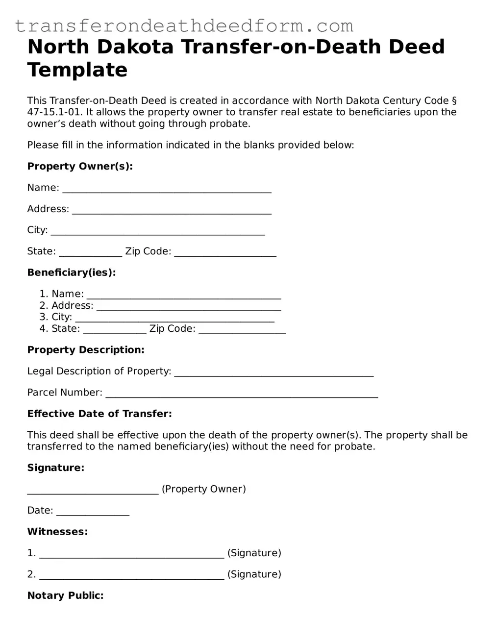  Transfer-on-Death Deed Form for North Dakota
