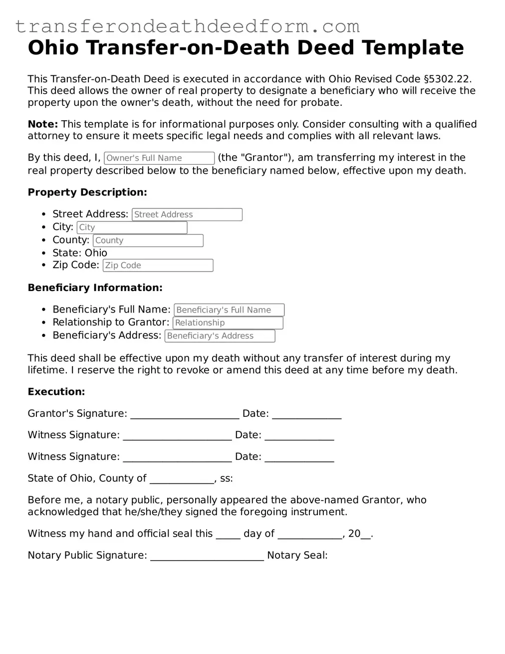  Transfer-on-Death Deed Form for Ohio