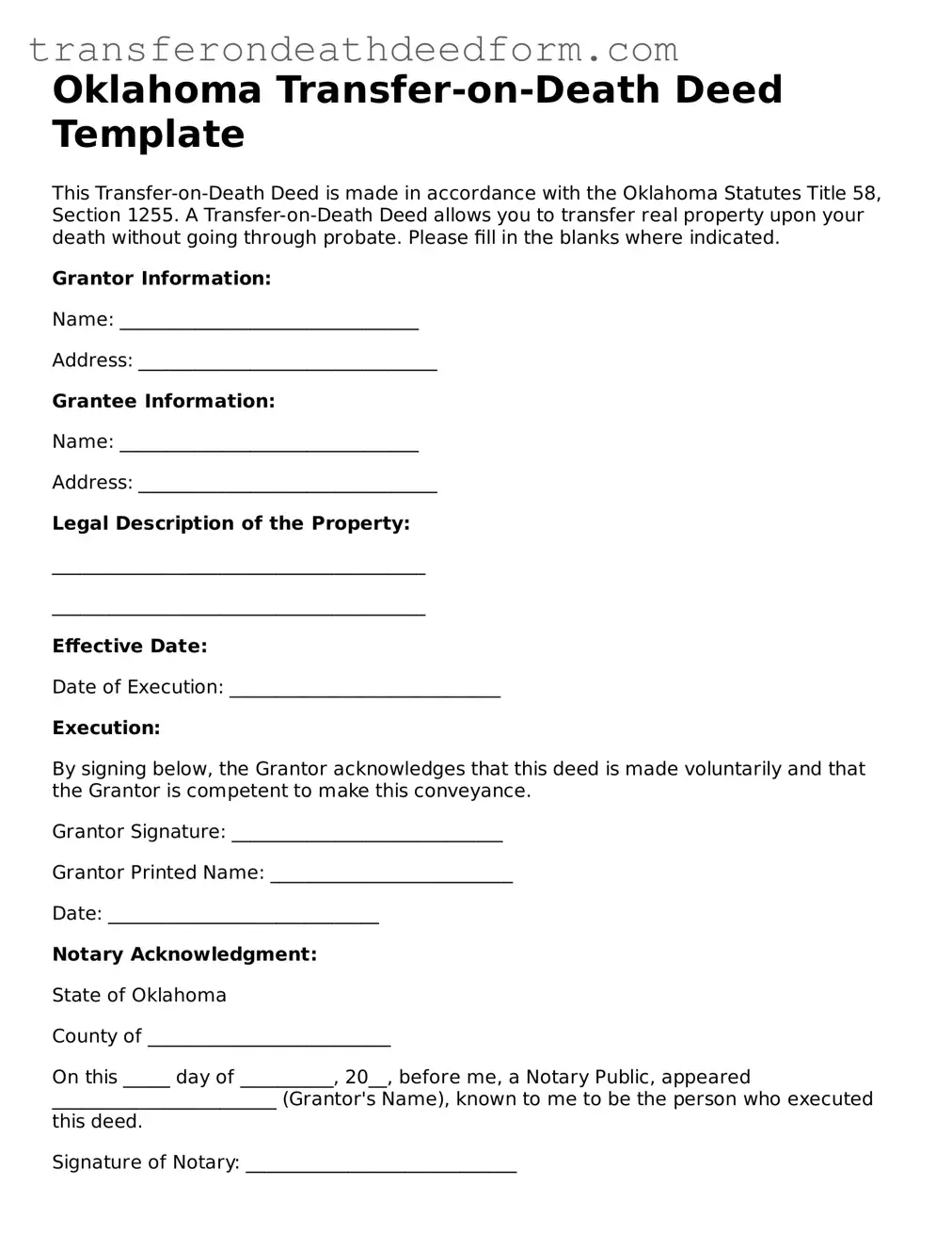  Transfer-on-Death Deed Form for Oklahoma