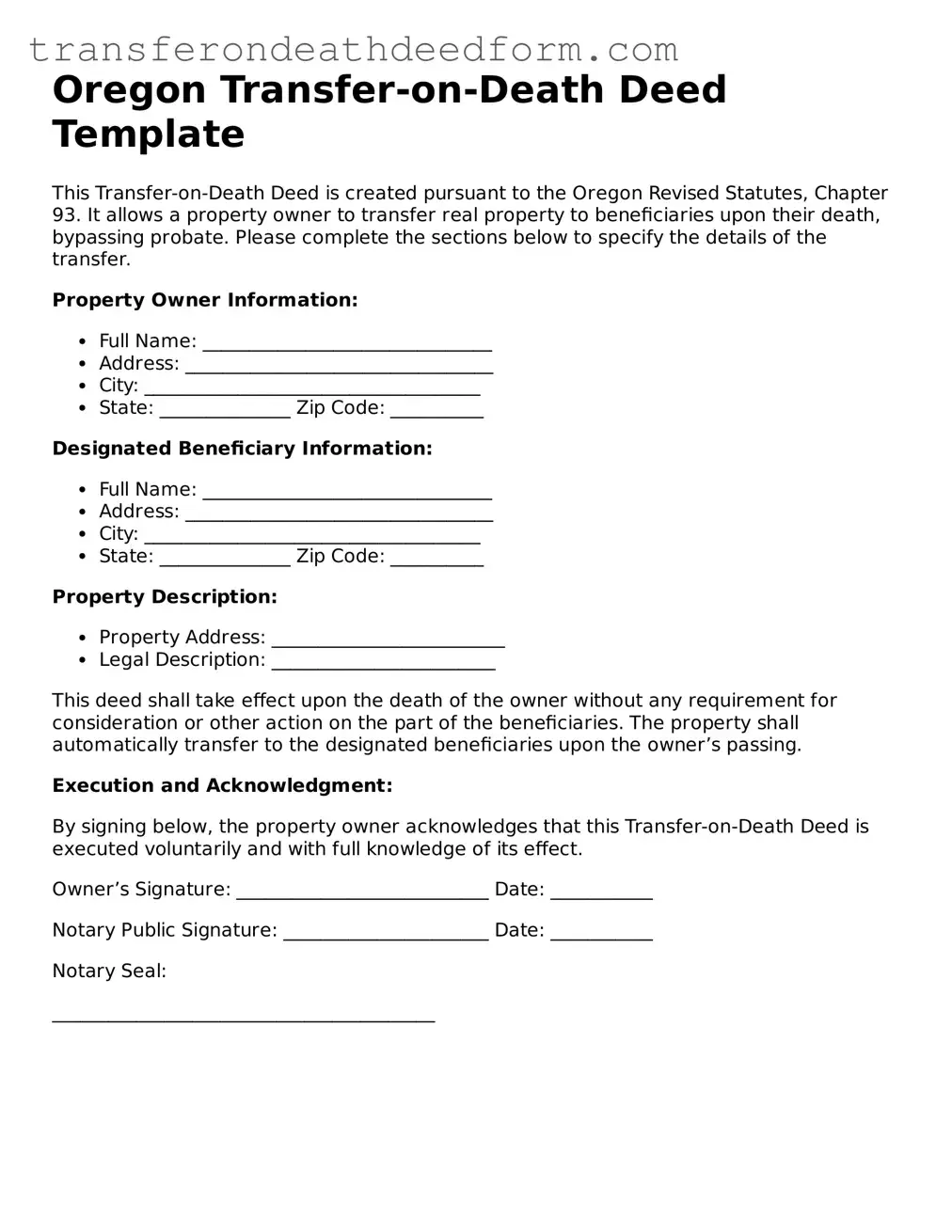  Transfer-on-Death Deed Form for Oregon