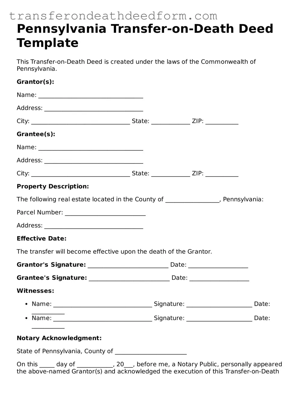  Transfer-on-Death Deed Form for Pennsylvania