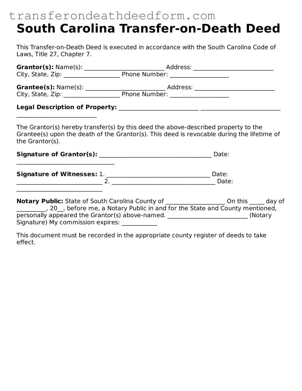  Transfer-on-Death Deed Form for South Carolina