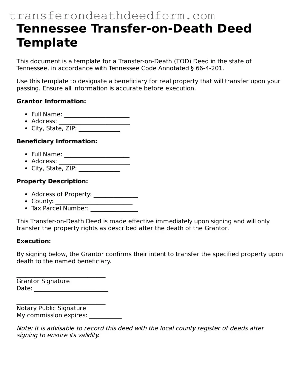  Transfer-on-Death Deed Form for Tennessee