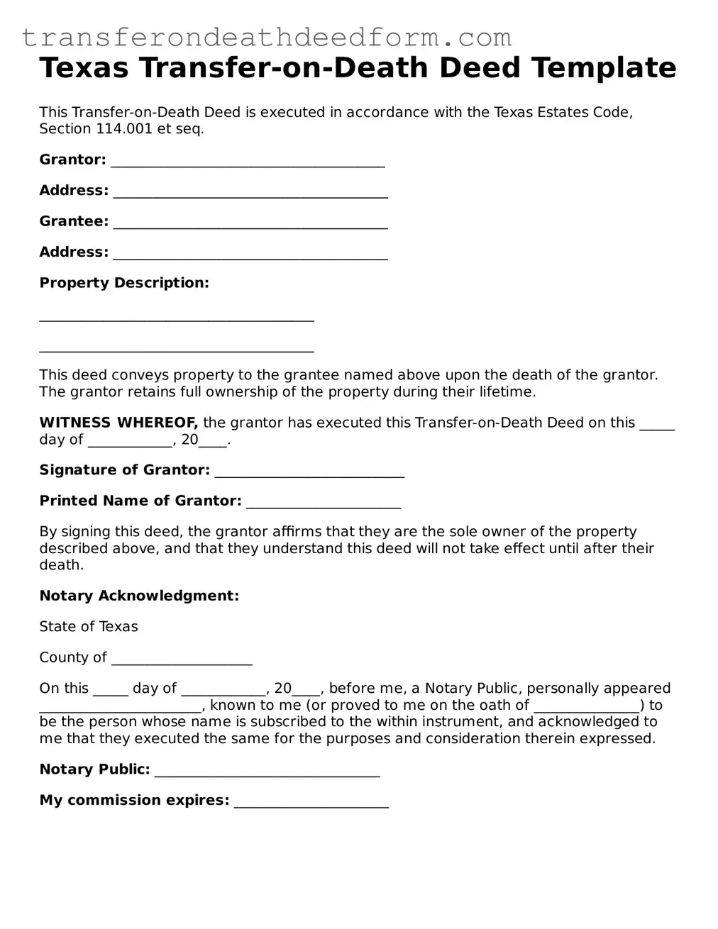  Transfer-on-Death Deed Form for Texas