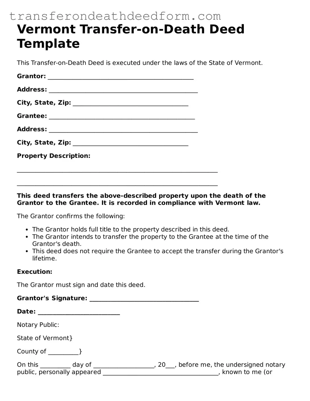 Transfer-on-Death Deed Form for Vermont