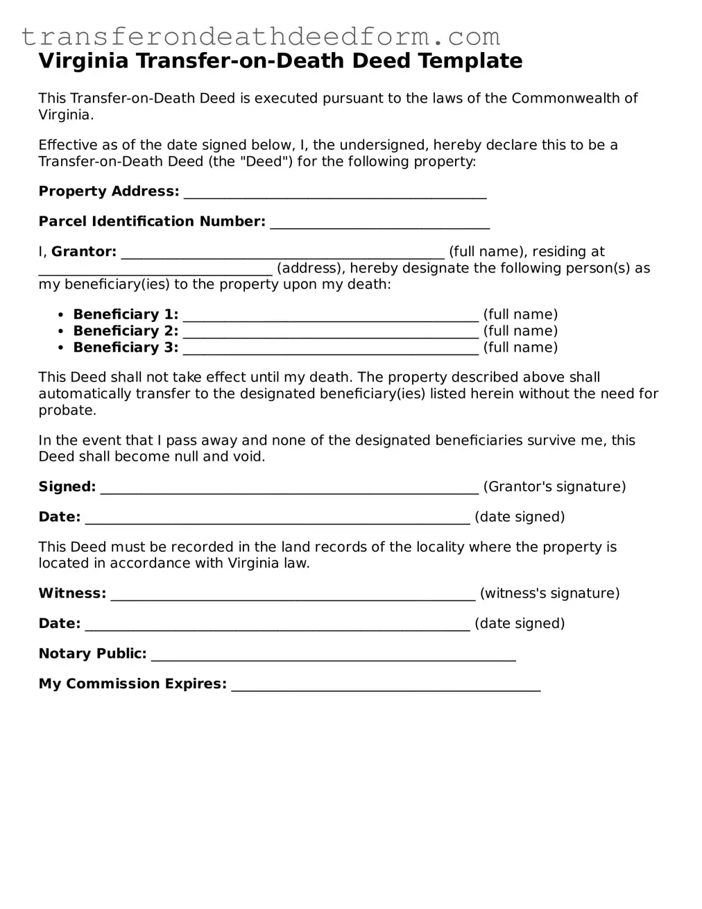  Transfer-on-Death Deed Form for Virginia
